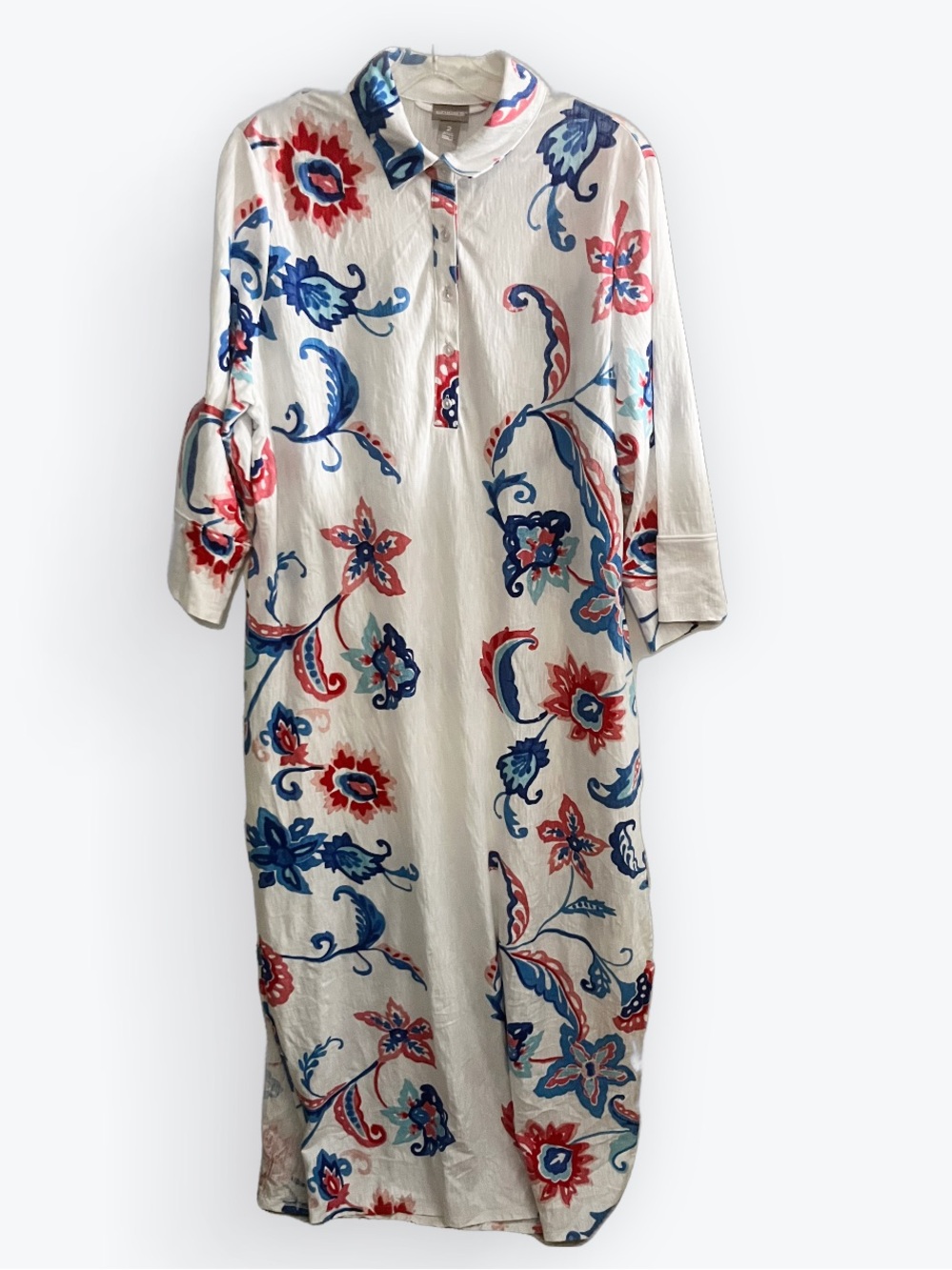 Chico’s Size 2 Floral Maxi Shirt Dress w/ Tie Belt 100% Cotton Blue Red White